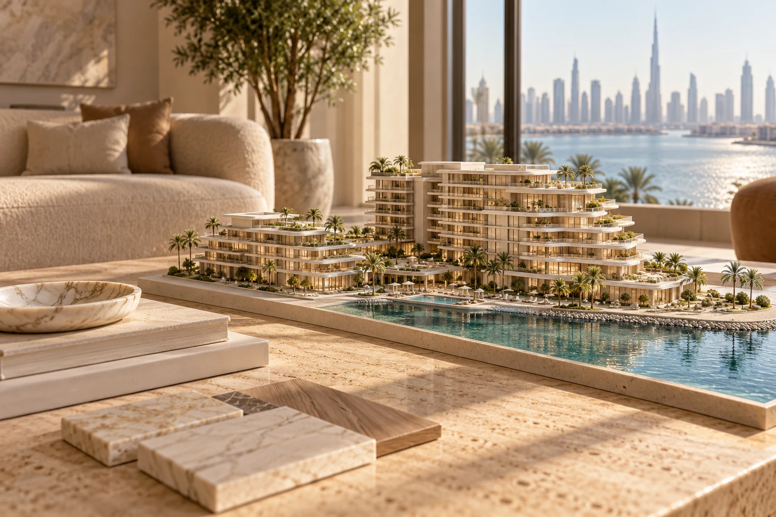 Illustrative architectural model of terraced residences on a travertine table