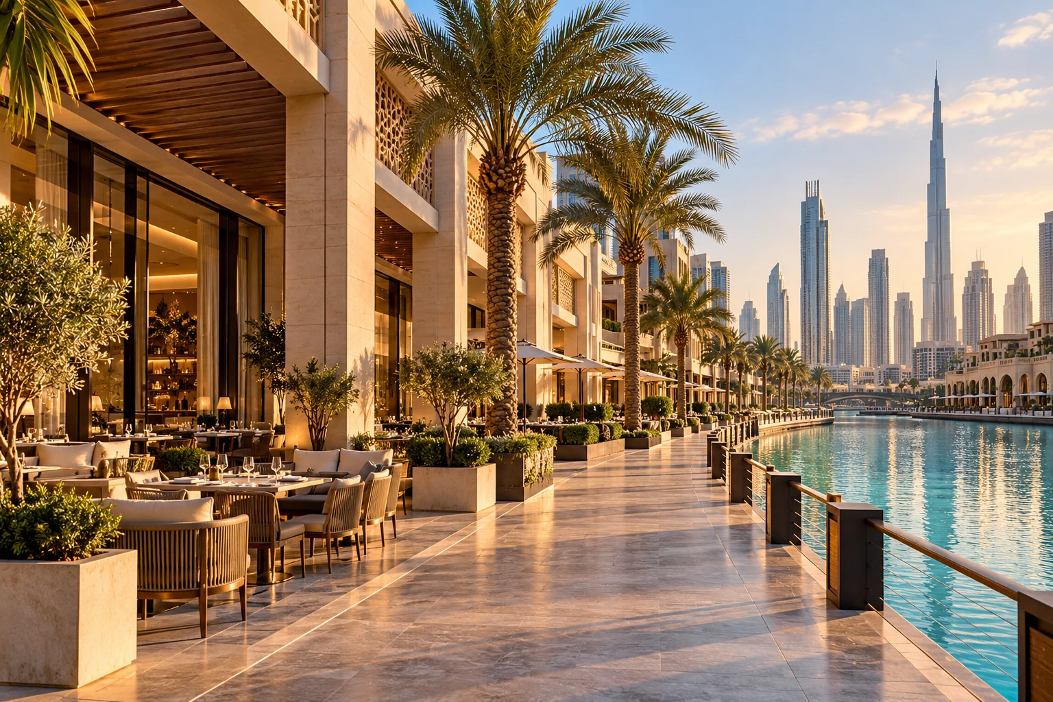 Illustrative luxury waterfront retail promenade