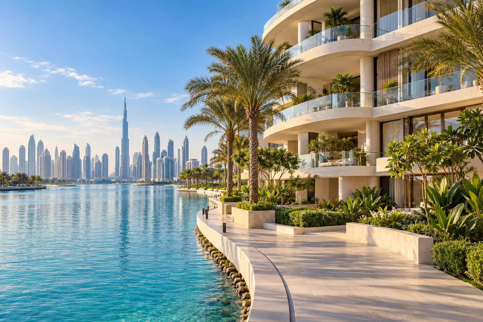 Illustrative Dubai property investment concept with waterfront residences, palm trees and a skyline